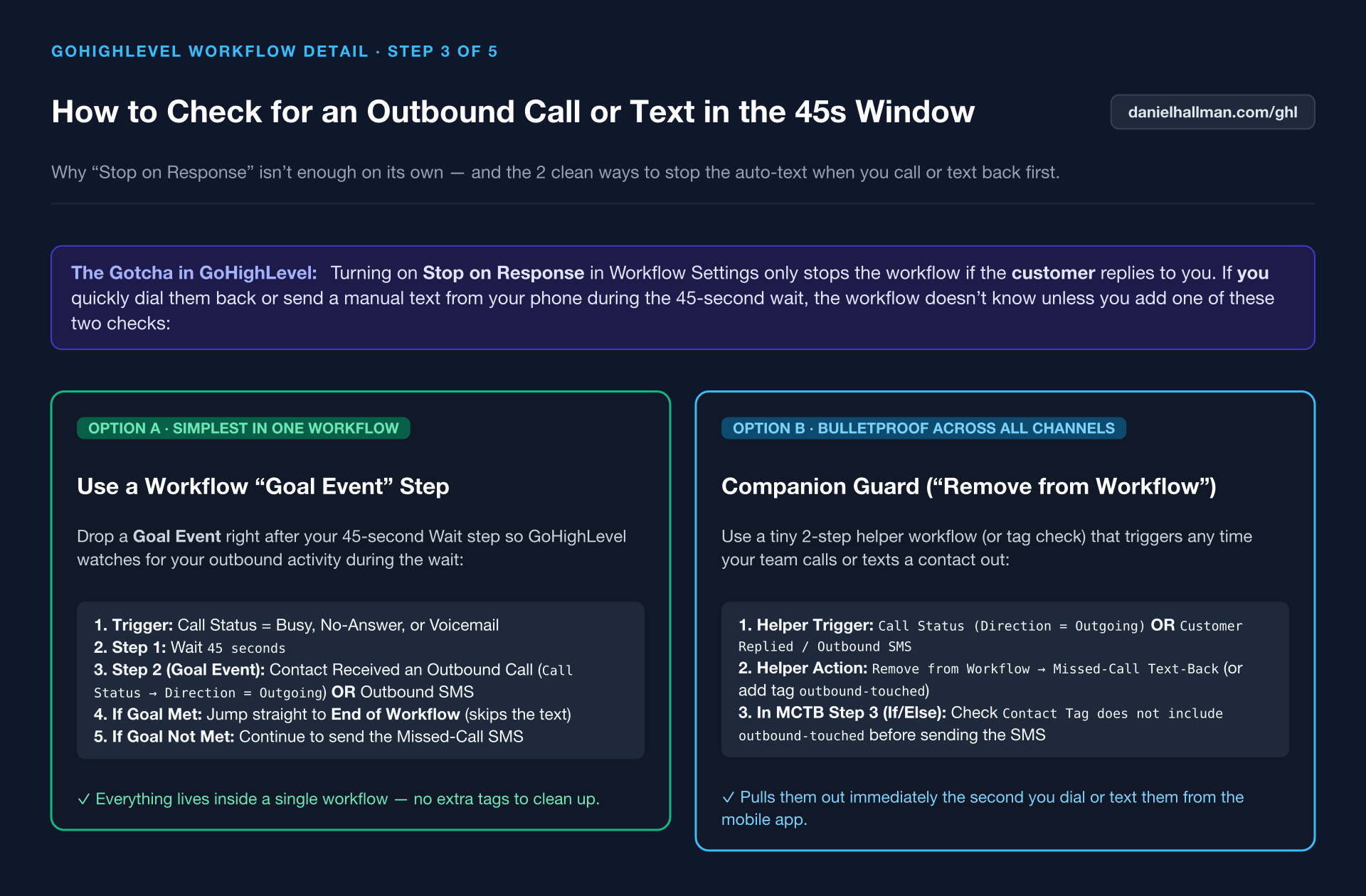 GoHighLevel 45-Second Missed-Call Text-Back Workflow with Outbound Call Check
